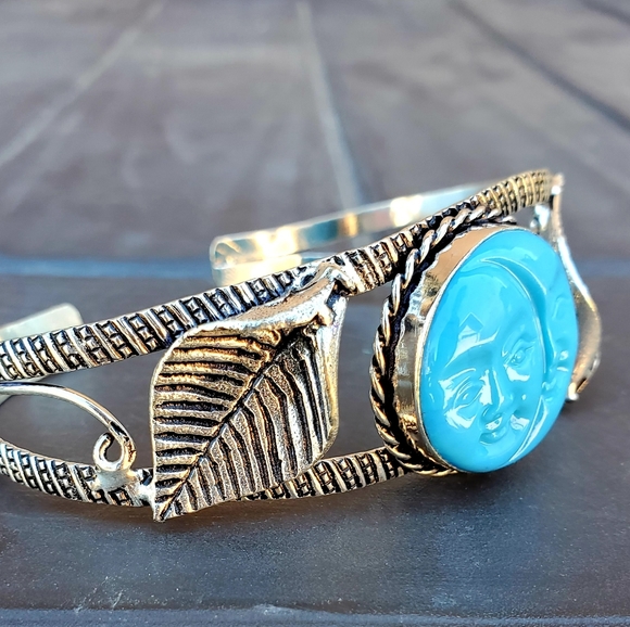 New Carved Double Moon Face 925 Silver Cuff Bracelet. - Picture 11 of 14